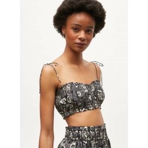 RHODE Crop Top Womens 6 Gray Cream Printed Pari Tie Shoulder Cotton Gathered